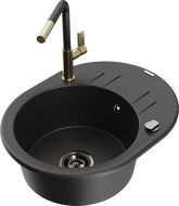 Mexen Kevin 1-compartment granite sink with a drip tray and kitchen mixer tap Flora, Black/Silver metallic - 6517-73-670401-57-B