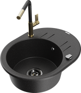 Mexen Kevin granite kitchen sink with 1 bowl, drainer, and Flora kitchen faucet, black/silver metallic - 6517-73-670401-57-B