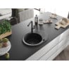 Mexen Kevin 1-bowl granite sink with drainer and Flora kitchen faucet, black/silver metallic - 6517-73-670401-70-B