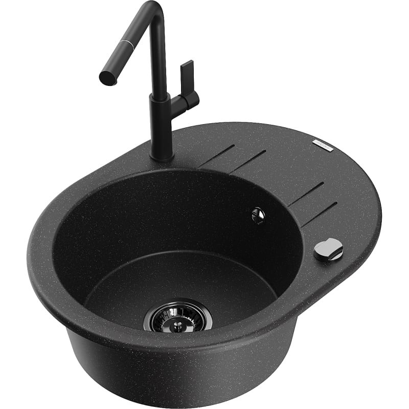 Mexen Kevin granite kitchen sink 1-bowl with drainer and Flora kitchen faucet, black/silver metallic - 6517-73-670401-70-B