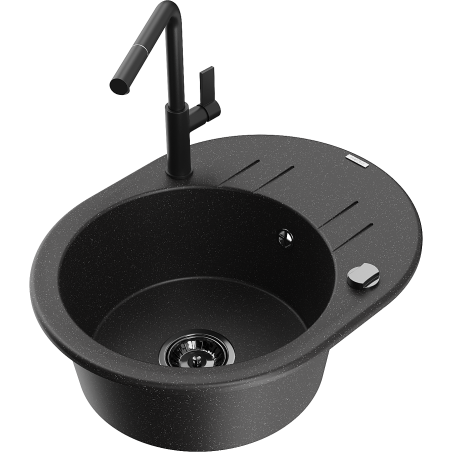 Mexen Kevin 1-bowl granite sink with drainer and Flora kitchen faucet, black/silver metallic - 6517-73-670401-70-B