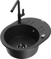 Mexen Kevin 1-compartment granite sink with a drip tray and kitchen mixer tap Flora, Black/Silver metallic - 6517-73-670401-70-B