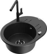 Mexen Kevin granite kitchen sink 1-bowl with drainer and Flora kitchen faucet, black/silver metallic - 6517-73-670401-70-B