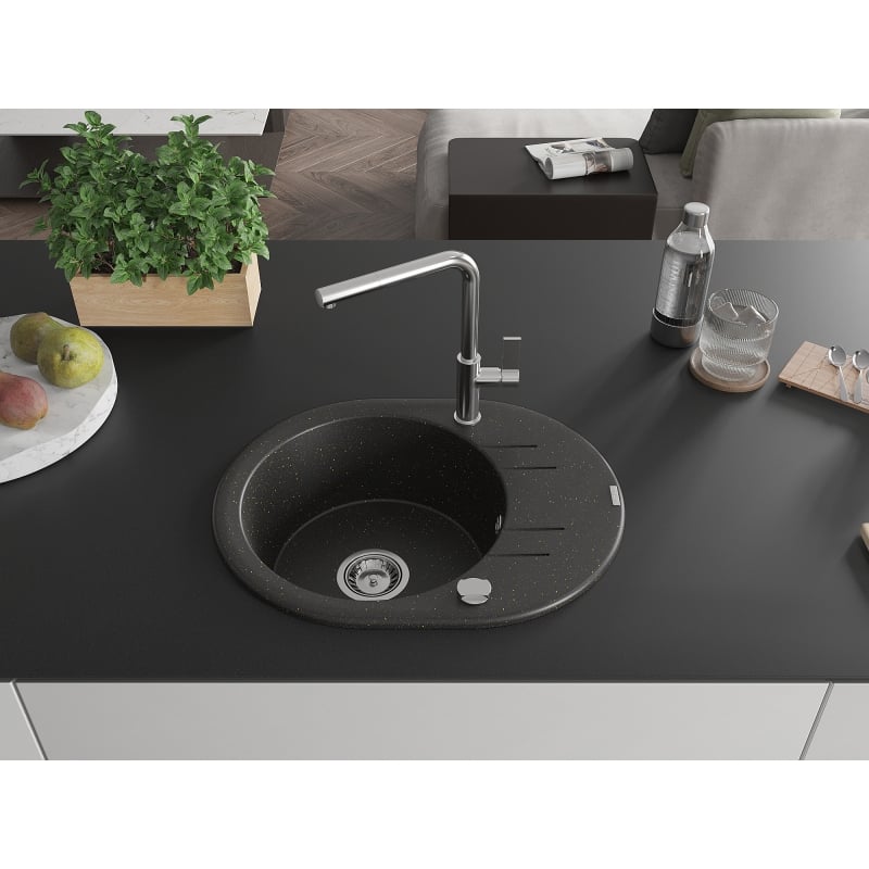 Mexen Kevin granite kitchen sink with 1 bowl, drainer, and Flora kitchen faucet, black/gold metallic - 6517-75-670401-00