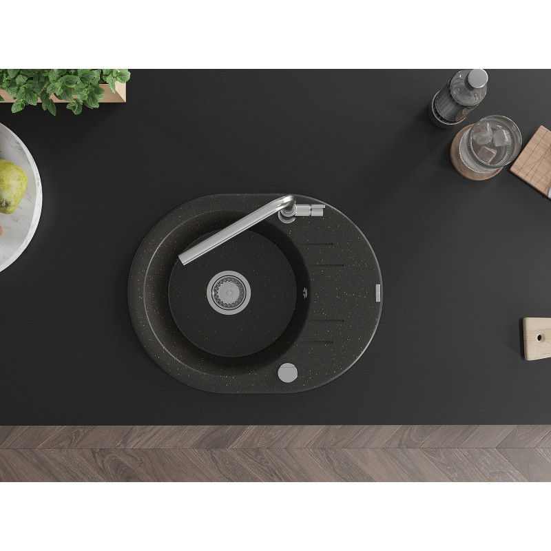 Mexen Kevin single-bowl granite sink with drainer and Flora kitchen tap, black/gold metallic - 6517-75-670401-00