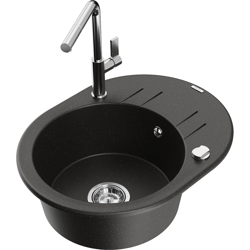Mexen Kevin granite kitchen sink 1-bowl with drainer and Flora kitchen faucet, black/gold metallic - 6517-75-670401-00