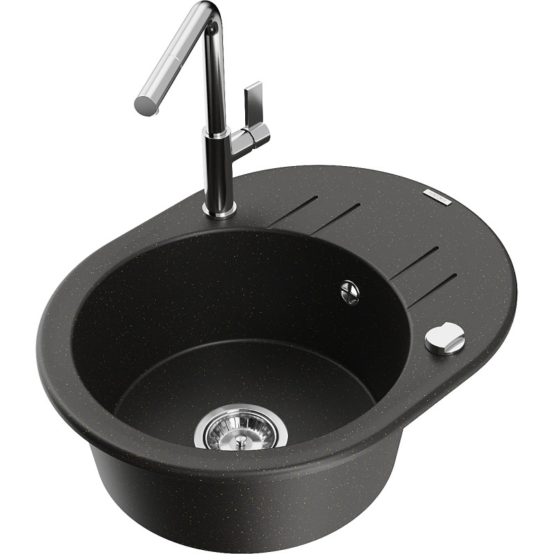 Mexen Kevin granite kitchen sink with 1 bowl, drainer, and Flora kitchen faucet, black/gold metallic - 6517-75-670401-00