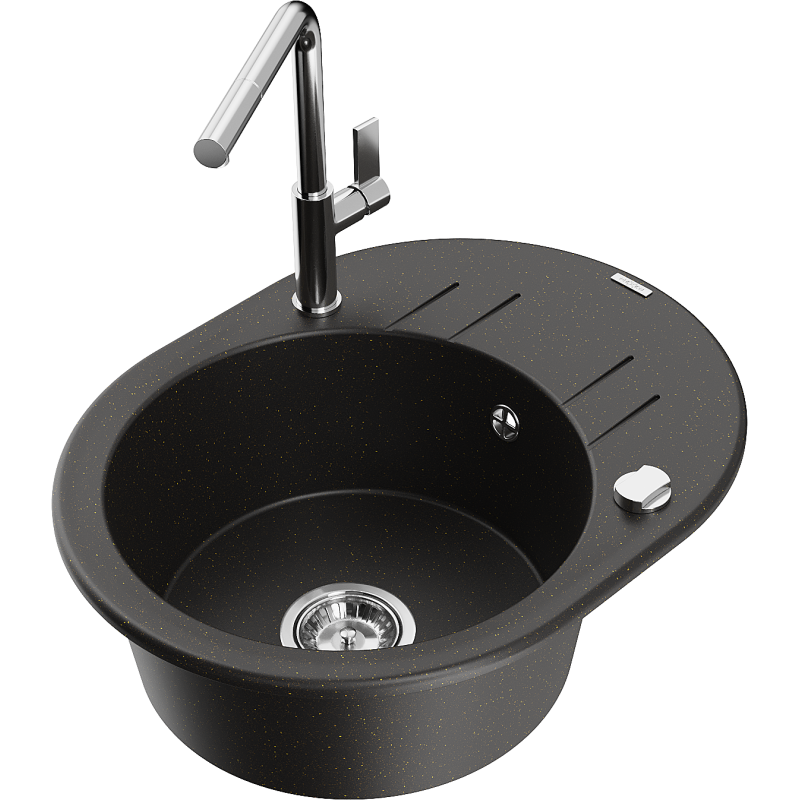 Mexen Kevin single-bowl granite sink with drainer and Flora kitchen tap, black/gold metallic - 6517-75-670401-00