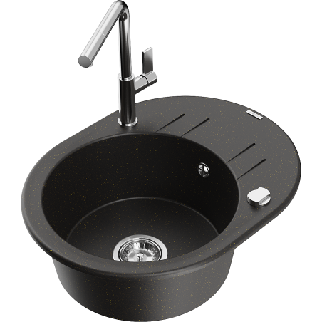 Mexen Kevin granite kitchen sink with 1 bowl, drainer, and Flora kitchen faucet, black/gold metallic - 6517-75-670401-00