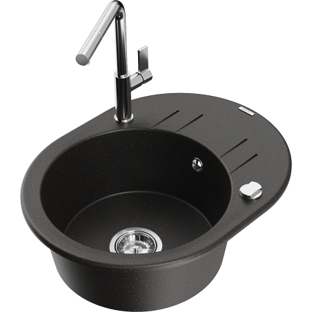 Mexen Kevin single-bowl granite sink with drainer and Flora kitchen tap, black/gold metallic - 6517-75-670401-00