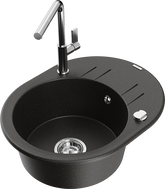 Mexen Kevin granite kitchen sink with 1 bowl, drainer, and Flora kitchen faucet, black/gold metallic - 6517-75-670401-00