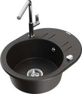 Mexen Kevin single-bowl granite sink with drainer and Flora kitchen tap, black/gold metallic - 6517-75-670401-00