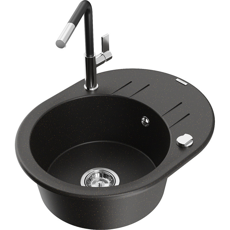 Mexen Kevin 1-compartment granite sink with a drip tray and kitchen mixer tap Flora, Black/Gold metallic - 6517-75-670401-07