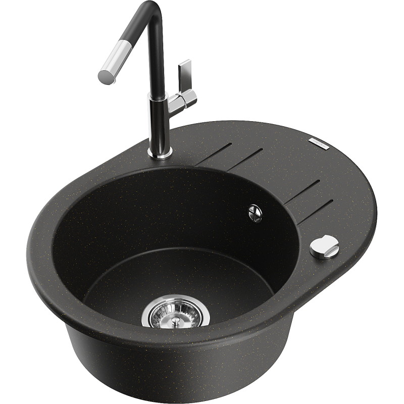 Mexen Kevin granite kitchen sink 1-bowl with drainer and Flora kitchen faucet, black/gold metallic - 6517-75-670401-07