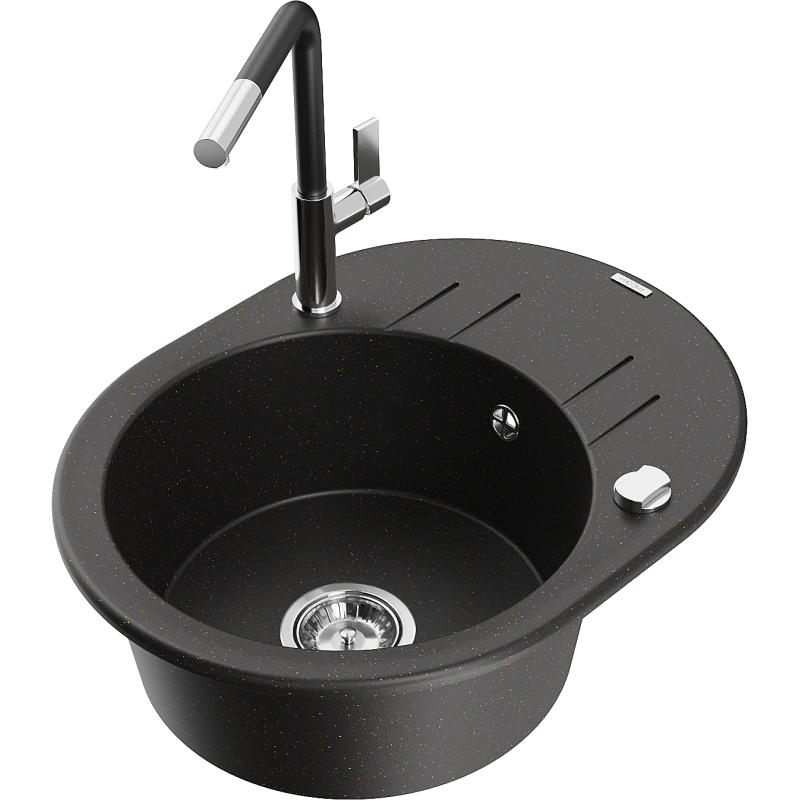 Mexen Kevin granite sink 1-bowl with drainer and kitchen tap Flora, black/gold metallic - 6517-75-670401-07