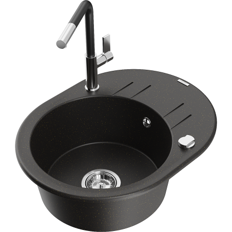 Mexen Kevin granite sink 1-bowl with drainer and Flora kitchen faucet, black/gold metallic - 6517-75-670401-07