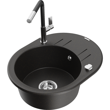 Mexen Kevin granite sink 1-bowl with drainer and kitchen tap Flora, black/gold metallic - 6517-75-670401-07