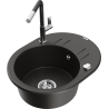 Mexen Kevin granite kitchen sink 1-bowl with drainer and Flora kitchen faucet, black/gold metallic - 6517-75-670401-07