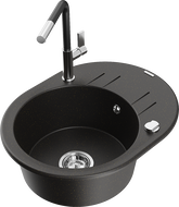 Mexen Kevin 1-compartment granite sink with a drip tray and kitchen mixer tap Flora, Black/Gold metallic - 6517-75-670401-07