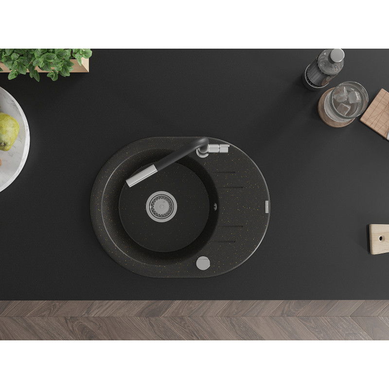 Mexen Kevin granite sink 1-bowl with drainer and kitchen tap Flora, black/gold metallic - 6517-75-670401-07