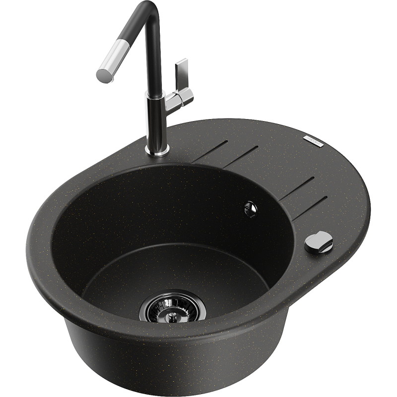 Mexen Kevin 1-bowl Granite Sink with Drainer and Flora Kitchen Faucet, Black/Gold Metallic - 6517-75-670401-07-B