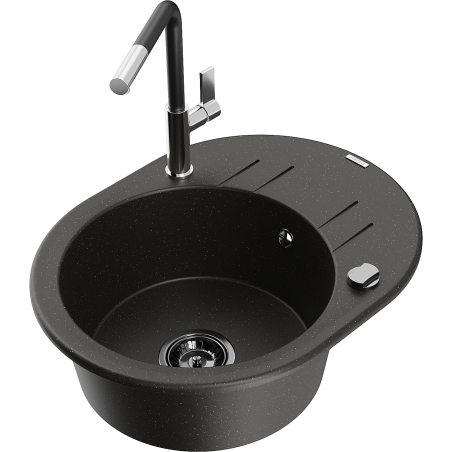 Mexen Kevin 1-bowl Granite Sink with Drainer and Flora Kitchen Faucet, Black/Gold Metallic - 6517-75-670401-07-B