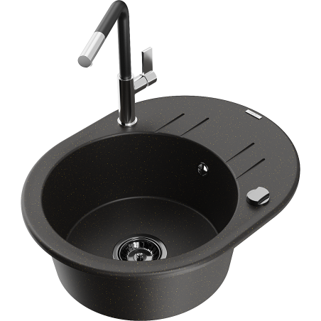 Mexen Kevin single-bowl granite sink with drainer and Flora kitchen tap, black/gold metallic - 6517-75-670401-07-B