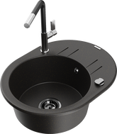 Mexen Kevin granite kitchen sink 1-bowl with drainer and kitchen faucet Flora, black/golden metallic - 6517-75-670401-07-B