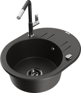 Mexen Kevin single-bowl granite sink with drainer and Flora kitchen tap, black/gold metallic - 6517-75-670401-07-B