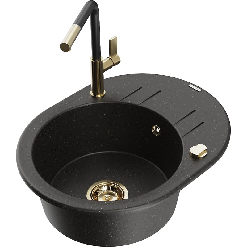 Mexen Kevin 1-bowl granite sink with drainer and Flora kitchen faucet, black/gold metallic - 6517-75-670401-57-G