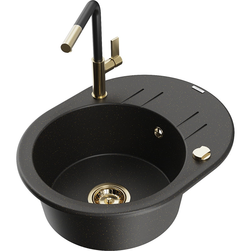 Mexen Kevin granite sink 1-bowl with drainer and kitchen faucet Flora, black/golden metallic - 6517-75-670401-57-G