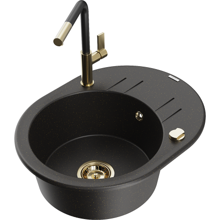 Mexen Kevin 1-bowl granite sink with drainer and Flora kitchen faucet, black/gold metallic - 6517-75-670401-57-G