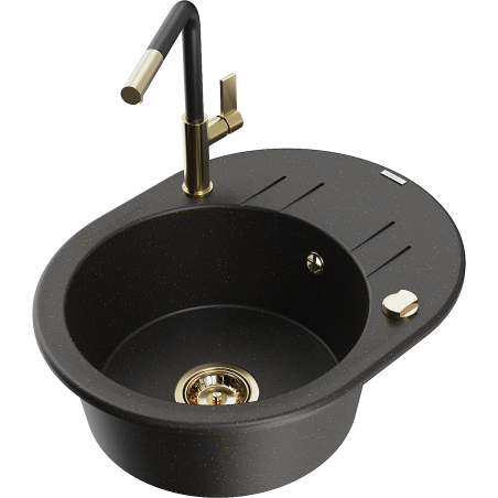 Mexen Kevin granite sink 1-bowl with drainer and kitchen faucet Flora, black/golden metallic - 6517-75-670401-57-G