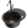 Mexen Kevin 1-bowl granite sink with drainer and Flora kitchen faucet, black/gold metallic - 6517-75-670401-57-G