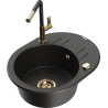 Mexen Kevin granite sink 1-bowl with drainer and kitchen faucet Flora, black/golden metallic - 6517-75-670401-57-G