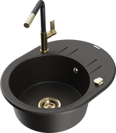 Mexen Kevin 1-bowl granite sink with drainer and Flora kitchen faucet, black/gold metallic - 6517-75-670401-57-G
