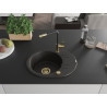 Mexen Kevin 1-bowl granite sink with drainer and Flora kitchen faucet, black/gold metallic - 6517-75-670401-57-G