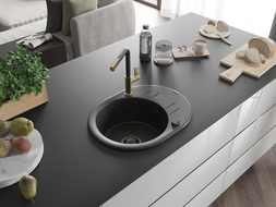 Mexen Kevin 1-compartment granite sink with a drip tray and kitchen mixer tap Flora, Black/Gold metallic - 6517-75-670401-57-B