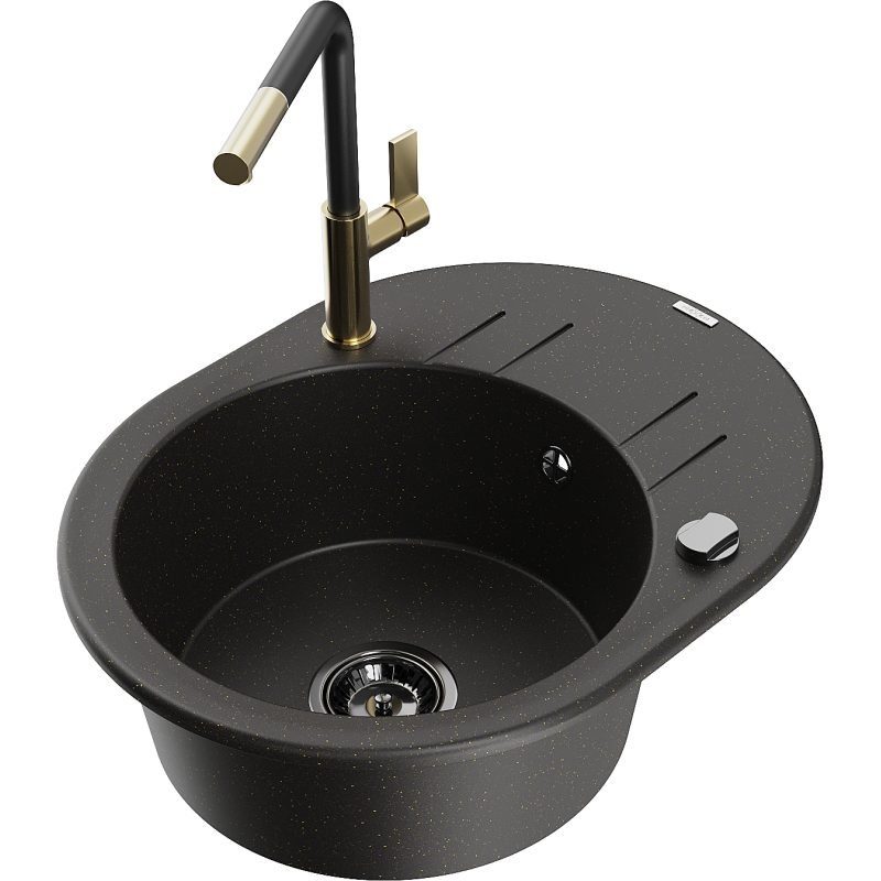 Mexen Kevin 1-compartment granite sink with a drip tray and kitchen mixer tap Flora, Black/Gold metallic - 6517-75-670401-57-B