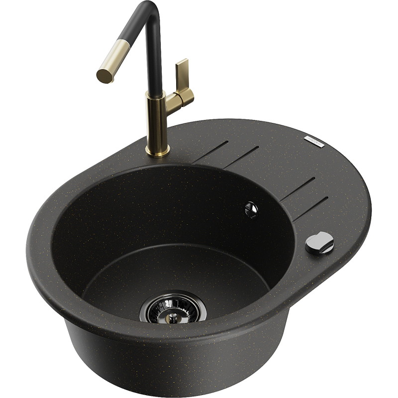 Mexen Kevin granite sink 1-bowl with drainer and kitchen faucet Flora, black/gold metallic - 6517-75-670401-57-B