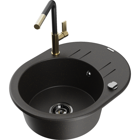 Mexen Kevin granite sink 1-bowl with drainer and kitchen faucet Flora, black/gold metallic - 6517-75-670401-57-B