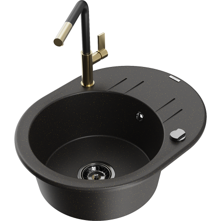 Mexen Kevin granite sink with 1 bowl, drainer, and Flora kitchen tap, black/gold metallic - 6517-75-670401-57-B