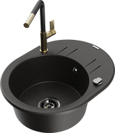 Mexen Kevin 1-compartment granite sink with a drip tray and kitchen mixer tap Flora, Black/Gold metallic - 6517-75-670401-57-B
