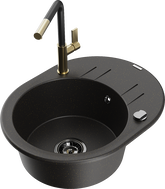 Mexen Kevin granite kitchen sink 1-bowl with drainer and kitchen faucet Flora, black/gold metallic - 6517-75-670401-57-B
