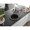 Mexen Kevin granite kitchen sink 1-bowl with drainer and Flora kitchen faucet, black/gold metallic - 6517-75-670401-70-B