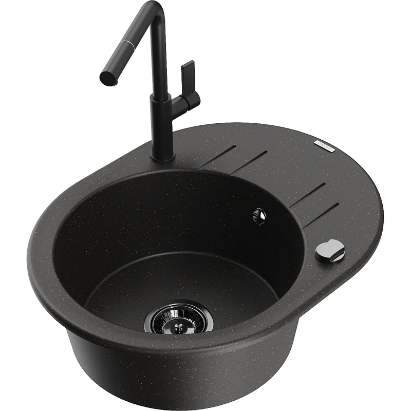 Mexen Kevin 1-compartment granite sink with a drip tray and kitchen mixer tap Flora, Black/Gold metallic - 6517-75-670401-70-B