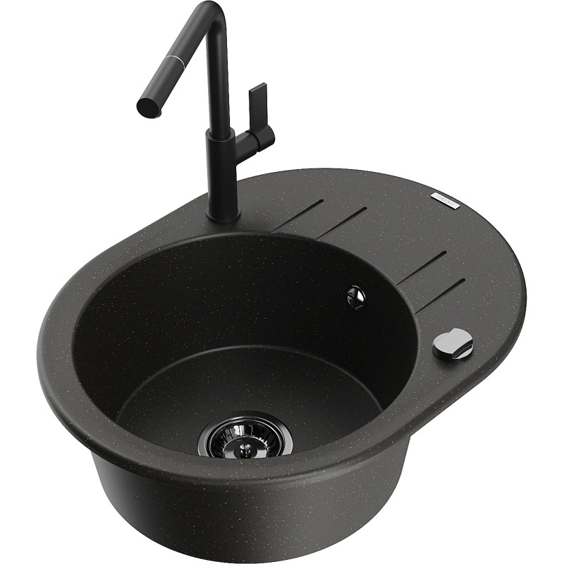 Mexen Kevin granite kitchen sink 1-bowl with drainer and Flora kitchen faucet, black/gold metallic - 6517-75-670401-70-B