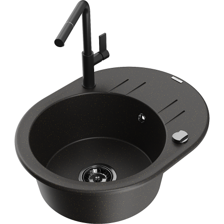 Mexen Kevin 1-Bowl Granite Sink with Drainer and Flora Kitchen Tap, Black/Gold Metallic - 6517-75-670401-70-B