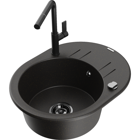 Mexen Kevin granite kitchen sink 1-bowl with drainer and Flora kitchen faucet, black/gold metallic - 6517-75-670401-70-B
