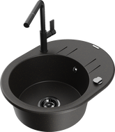 Mexen Kevin 1-compartment granite sink with a drip tray and kitchen mixer tap Flora, Black/Gold metallic - 6517-75-670401-70-B